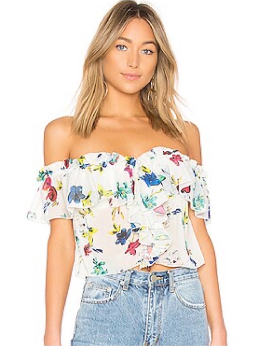 House of Harlow x Revolve Off-the-Shoulder White Floral Ruffle Top